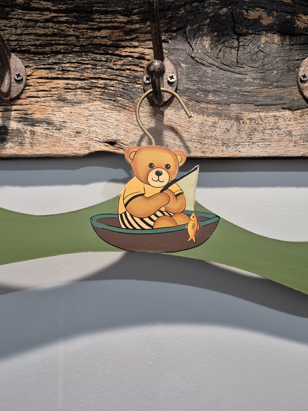 Vintage Hand-Painted Wooden Children's Clothes Hanger – Teddy Bear Fishing Theme